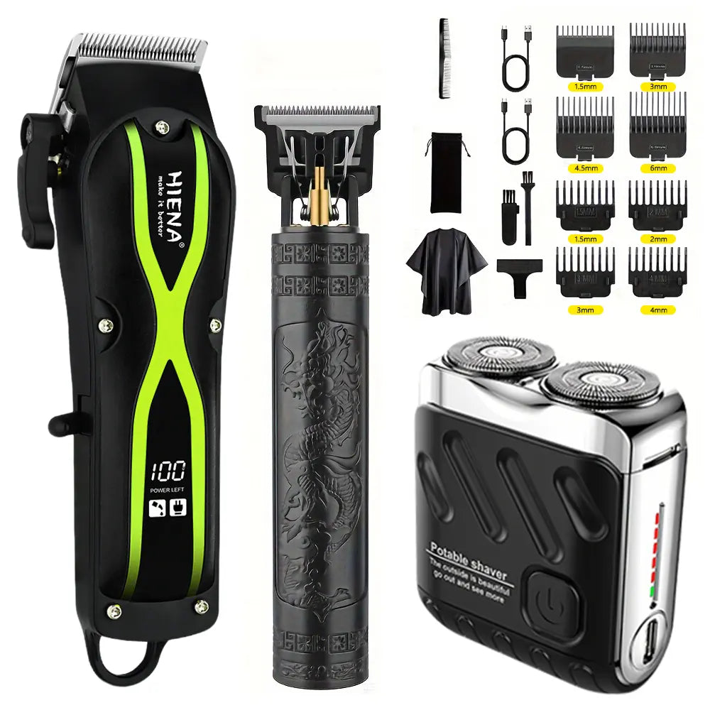 Professional 3-in-1 Men's Hair Clipper & Trimmer Kit – USB Rechargeable, LCD Display, Adjustable Blades