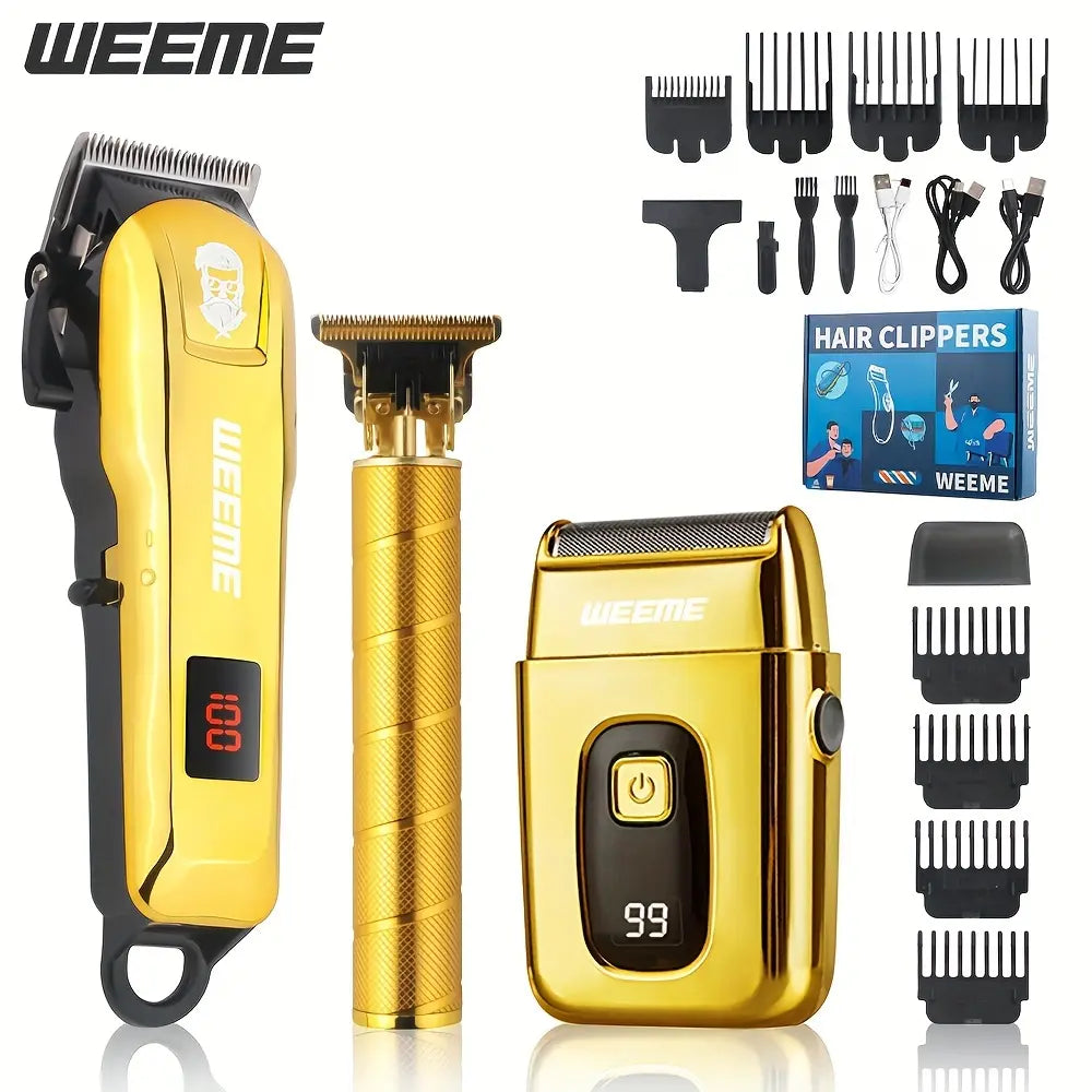 Professional 3-in-1 Men's Hair Clipper & Trimmer Kit – USB Rechargeable, LCD Display, Adjustable Blades