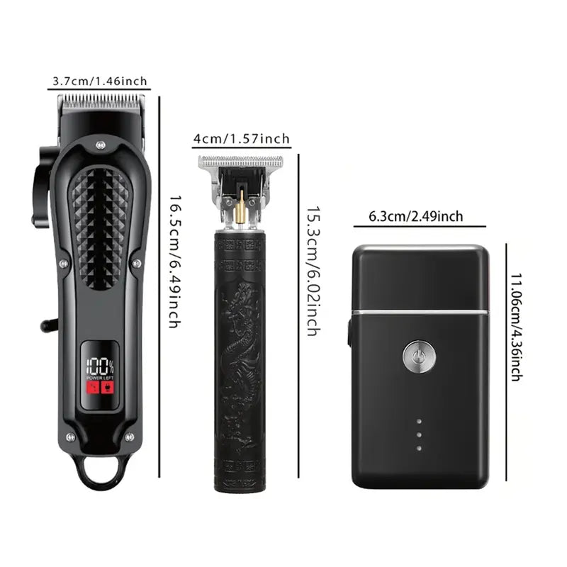 Professional 3-in-1 Men's Hair Clipper & Trimmer Kit – USB Rechargeable, LCD Display, Adjustable Blades